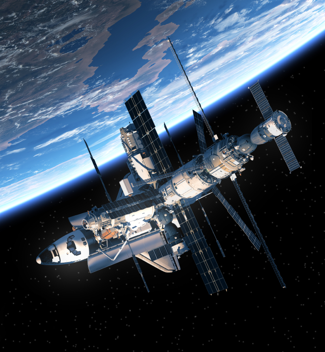 Space Shuttle And Space Station Orbiting Earth