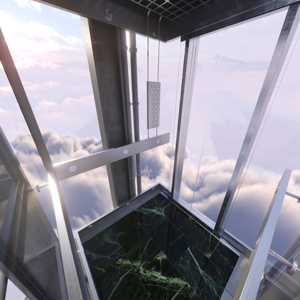 aerial evening sky view from empty elevator car concept business up success photo