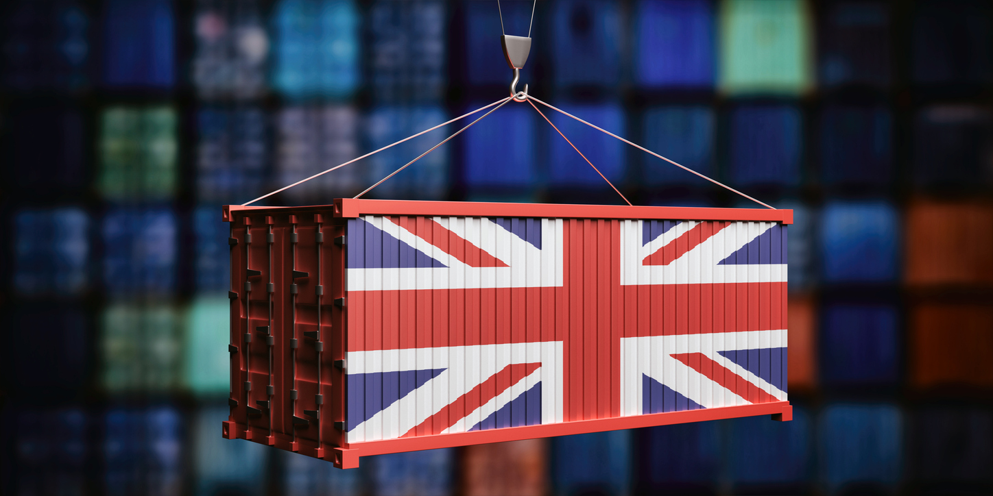 UK flag container on stacked containers background. 3d illustration